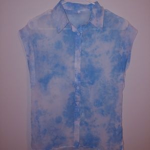 Blue & white sleeveless button up